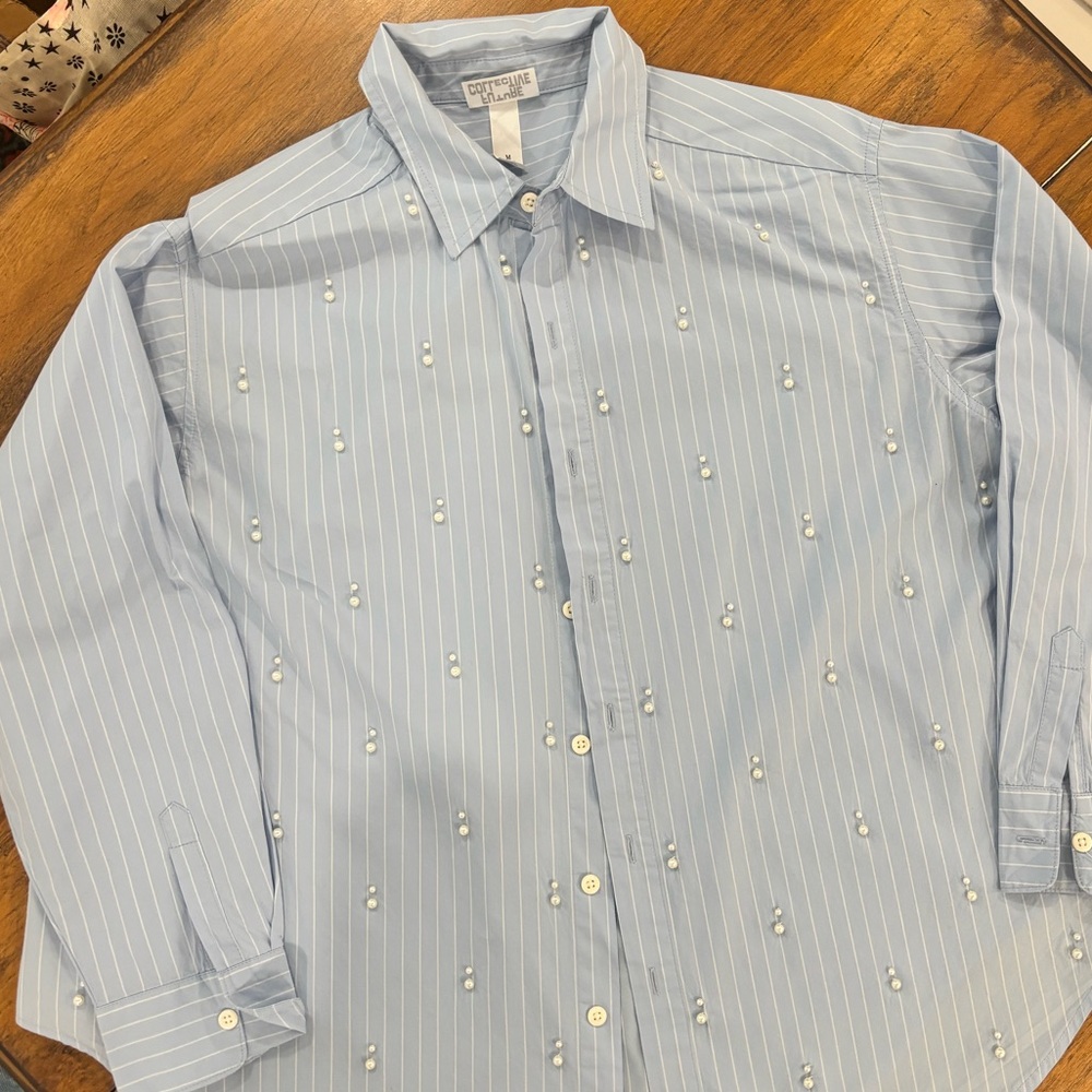 Blue Striped Women’s Shirt with Pearl Accents